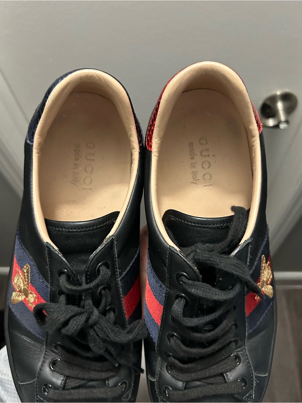 Gucci Black Leather Sneakers with Navy & Red Stripes and Gold Bee